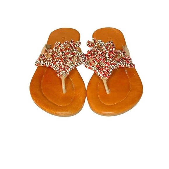Chicos Tan Thong Sandals w/Red, White and Gold Beading - Picture 2 of 12
